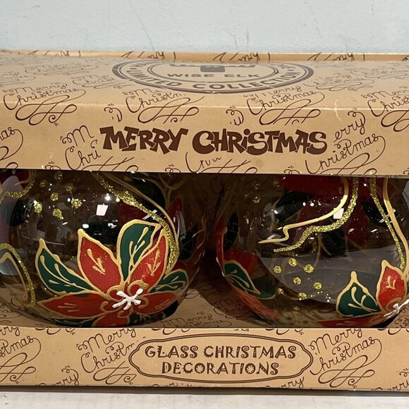 Wise Elk Glass Christmas Ornaments Poinsettia Set Of 2  Bulbs‎ Clear Painted - Picture 3 of 5